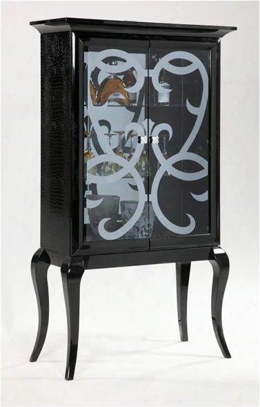 Hana-cur Transitional Curio Cabinet With Cabriolet Legs Glass Front Doors Silver Patterned Design Mirrored Back Two Glass Interior Shelves & In Gloss Black