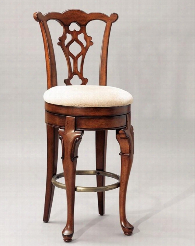 Jamesto Wn Landing Collection 987-729 311" Swivel Armless Bar Stool With Cabriole Fron T Legs Carved Bow Top Back Rail And Upholstered Seat In Distressed Deep