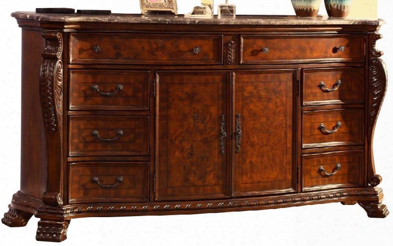 Luxor Luxor-d 74" Traditional 8-drawer Dresser Through  Hand Carved Details Decorative Hardware And Marble Top In Cherry