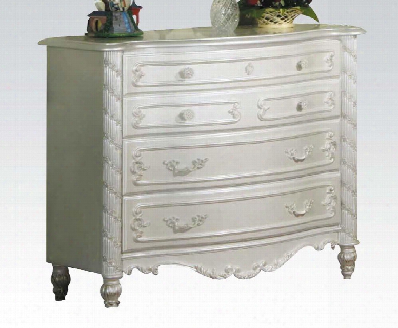 Pearl Collection 01015 40" Dresser With 4 Drawers Decorative Moldings Felt Lined Top Drawer And Poplar Wood Construction In Pearl White And Gold Accent