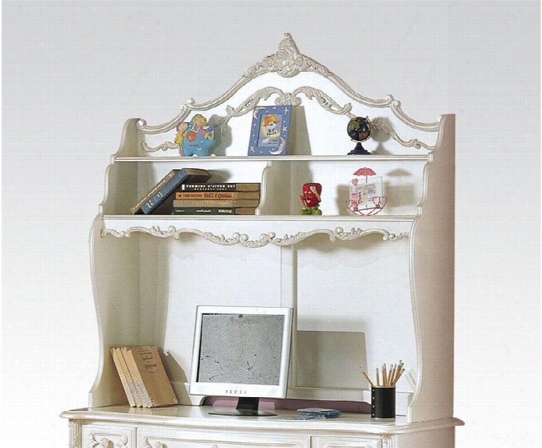 Pearl Collection 01018 47" Computer Hutch With 2 Shelves Decorative Carving Polar Wood And Medium-density Fiberboard (mdf) Materals In Pearl White With Gold