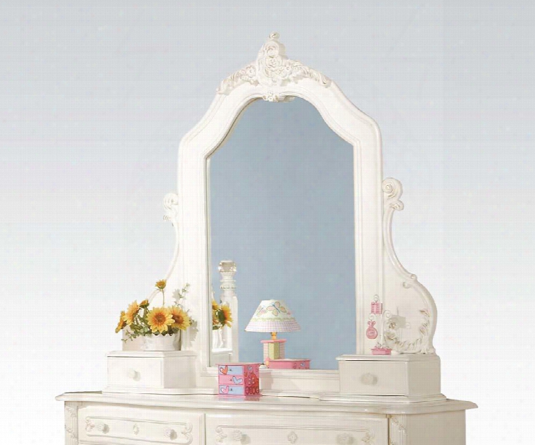 Pearl Collection 01019 47" X 48" Jewelry Mirror With 2 Drawers Poplar Wood And Medium-density Fiberboard (mdf) Materials In Pearl White With Gold Accent