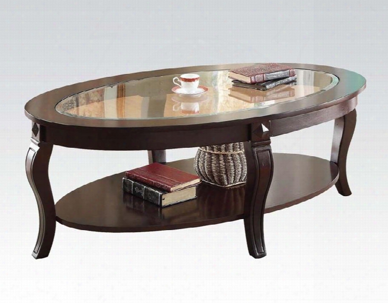 Riley Collection 00450 50" Coffee Table With Clear Glass Top Oval Shape Bottom Storage Shelf And Cabriole Legs In Walnut