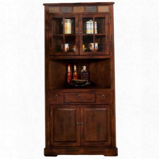 Santa Fe Collection 2451dc 76" Corner China Cabinet With Natural Slate Accents And Beehive Glass And Pull Knob Hardware In Dark Chocolate