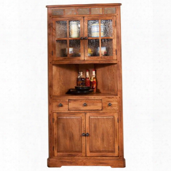 Sedona Collection 2451ro 76" Coner China Cabinet With Natural Slate Accents And Waterfall Glass And Round Knob Hardware In Rustic Oak