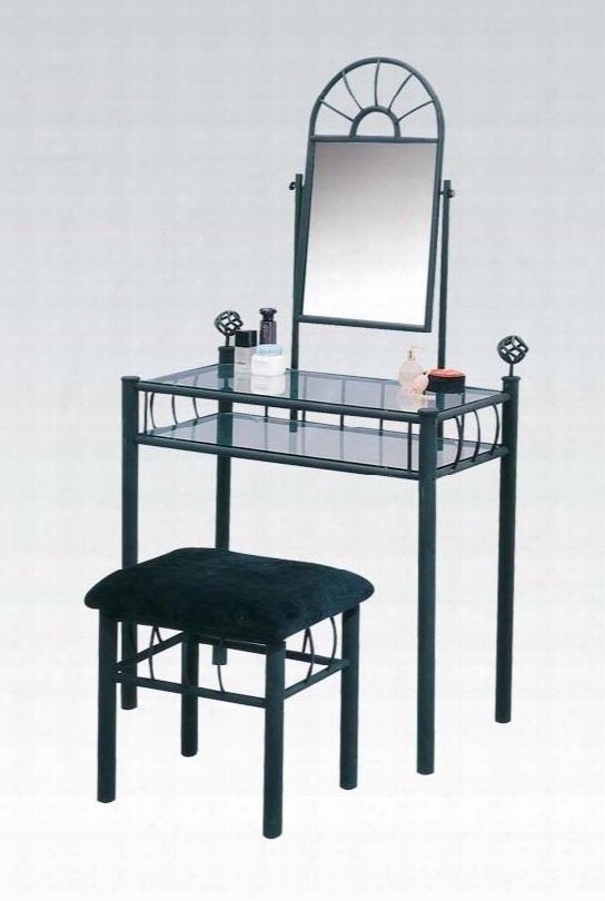 Sunburst Collection 02158 32" Vanity Set With Glass Top Vanity Lower Glass Shelf Fabric Seat Stool Mirror And Metal Construction In Sandy Black