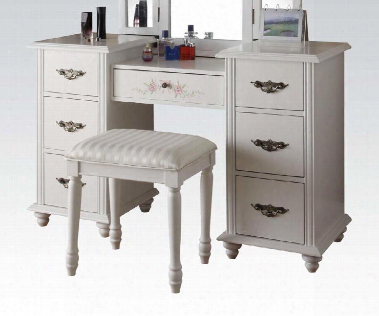 Torian Collection 90026 52" Vanity Desk With 7 Drawers Metal Hardware Stool Included Fabric Seat Cushion Turned Legs And Solid Wood Construction In White