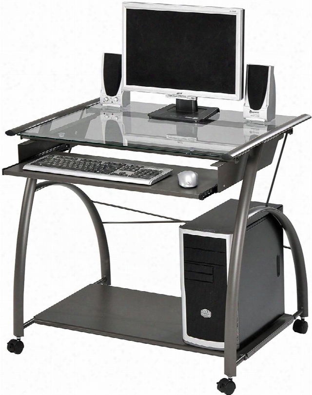 Vincent Collection 00118 32" Computer Desk With 5mm Clear Glass Top Keyboard Tray Metal Bottom Shelf Casters And Iron Tube Construction In Pewter