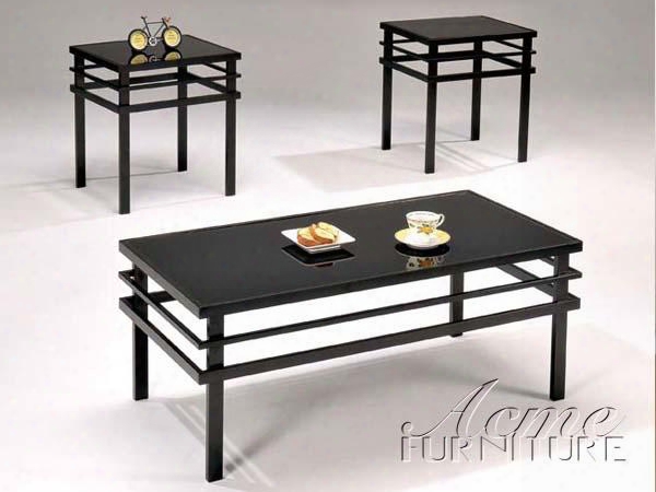 Washington 12128 3 Pc Coffee And End Table Set With Inlaid Black Glass Top Tiered Apron Square Legs Side Metal Panel Design In