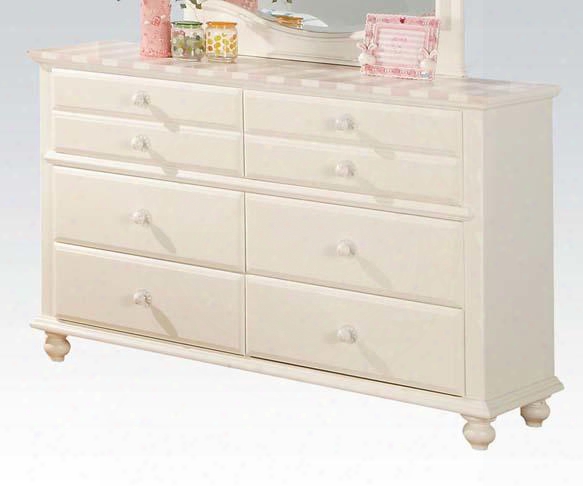 Zoe Collection 11041 54" Dresser With 6 Drawers Pink Striped Details Turned Legs And Wood Frame In White