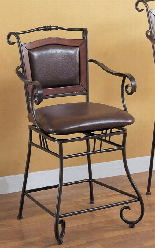100160 24" Metal Bar Stool With Upholsterd Seat Curved Metal Arms And Legs In Dark Bronze Finish And Upholstered