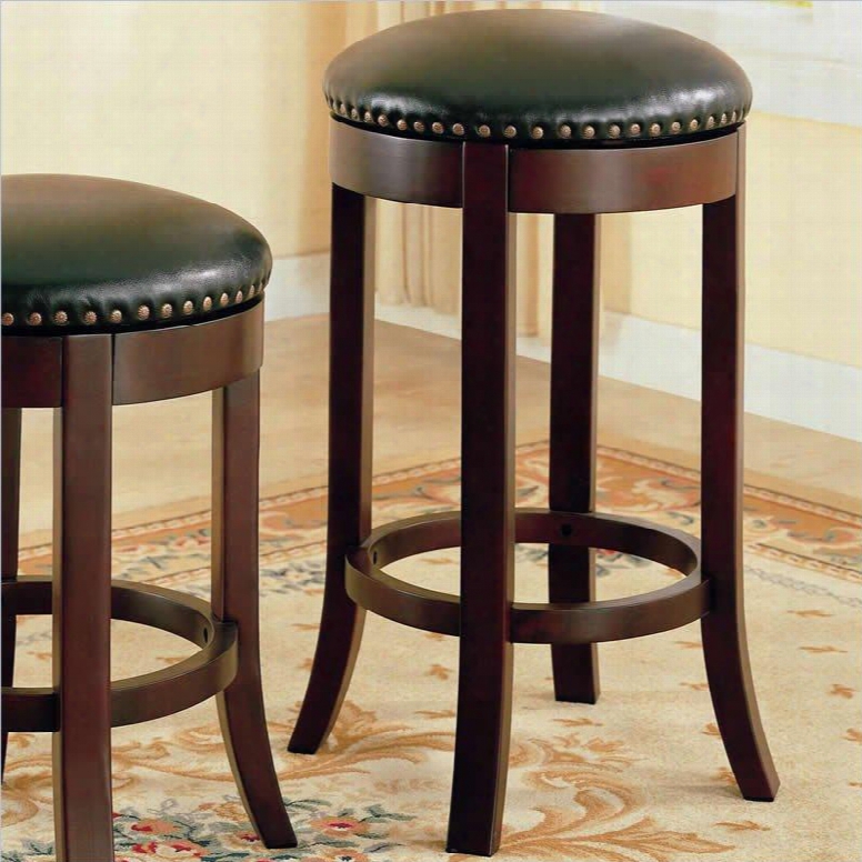 101060 29" Swivel Bar Stool With Nailheads Trim And Upholstered Seat In Wood Walnut
