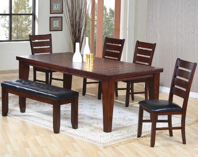 101881set6 Imperial 6 Pc Dining Room Table 4 Chairs And 1 Bench With Bold Tapered Legs Ladder Back Design And Black Cushioned Seats In Rustic Oak