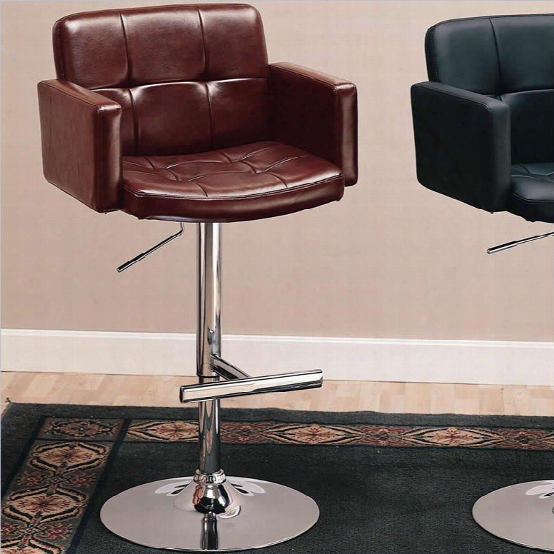 120348 37.5" Adjustable Bar Stool With Sleek Track Arms In Brown Faux Leather