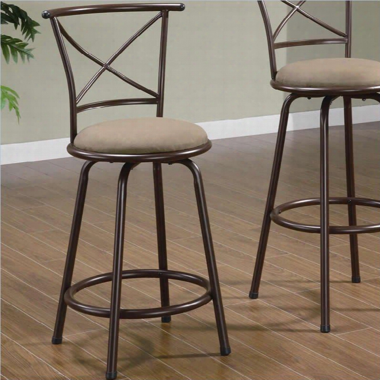 122029 24" Contemporary Metal Bar Stool With "x" Back Style Design And Upholstered With Round Brown Microfiber Fabric