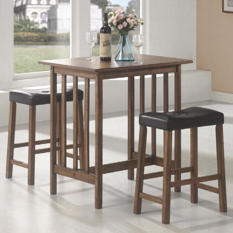 130004 3 Pc Bar And Stool Set With 2 Stools Counter Height Table Button Tufted Seat Black Leatherette Seat Upholsfery And Wood Construction In Nut Brown