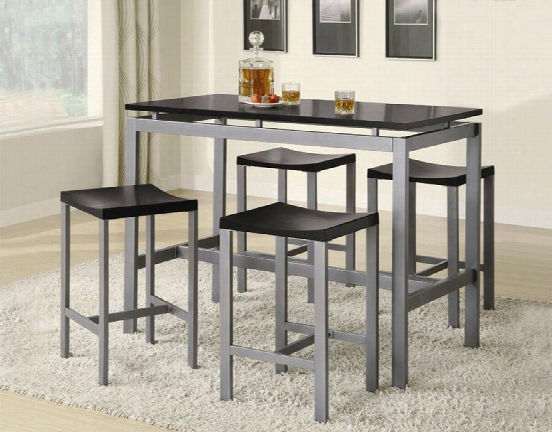 150095 48" Atlus Counter Height Contemporary Silver Metal Table With Black Top And 4 Matching Backless Stools With