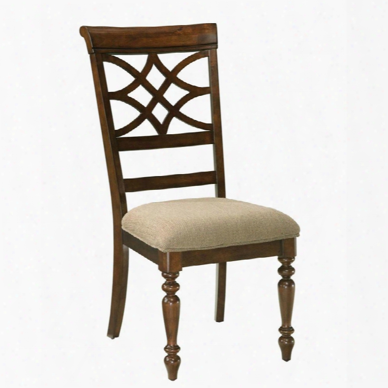 19 184 Woodmont Sidechair With Fabric Seat Upholstery Lattice Design And Carved Wood Legs In