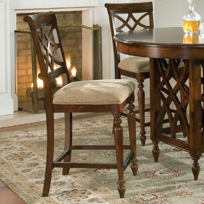 19194 Woodmont 24" Counter Stool With Fabric Seat Upholstery Lattice Design And Carved Wood Legs In