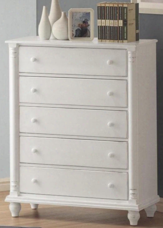 201185 Kayla Chest With Five Drawers Bun Feet Tropical Hardwoods Veneers And Unique Knobs In Distressed White