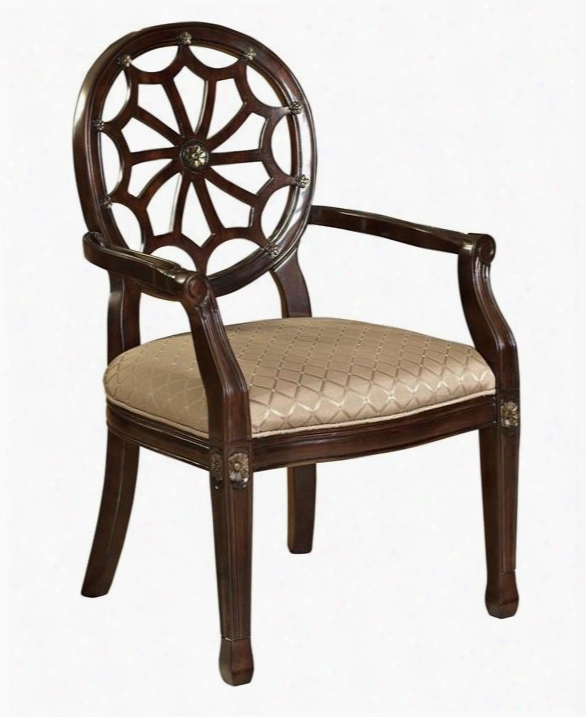 235-620 39" Spider Web Back Accent Chair With Carved Detailing And Diamond Grain Fabric Seat In Medium Mahogany Wood