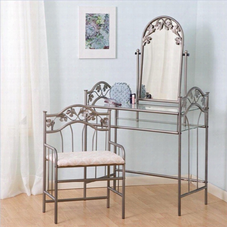 2734 Coaster Flower Pattern Vanity Table With Swivel Mirror Stool And Tempered Glass Shelves In Nickel-bronze