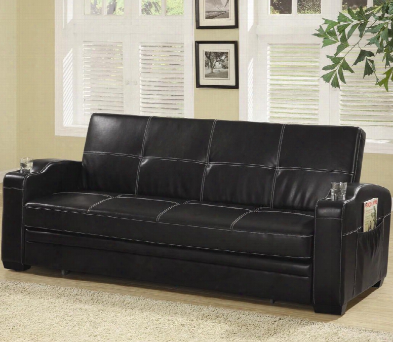 300132 Black Faux Leather Sofa Bed With Storage And Cup Holders By Coaster