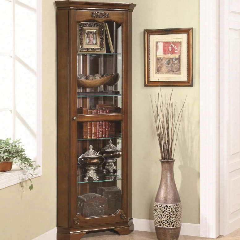 950195 16" Traditional Corner Curio With Full Length Glass Door Four Glass Shelves Decorative Carved Wood Inlay In Brown