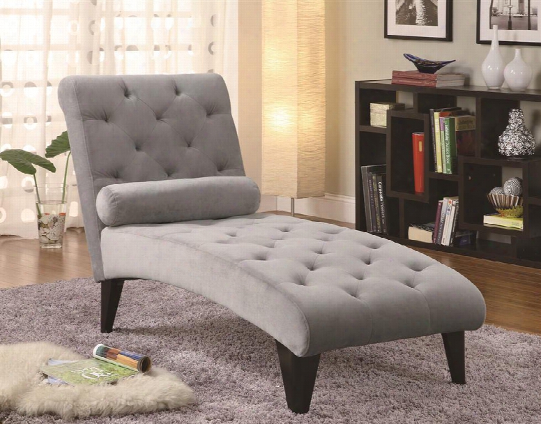 Accent Seating 550067 64" Chaise With Bolster Pillow Included Black Tapered Legs Button Tufted Details And Velour Microfiber Upholstery In Grey