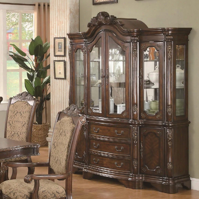 Andrea 103114 72" China Cabinet With 3 Drawers 6 Doors Tempered Glass Acanthus Leaf Embellishments Poplar Wood And Cherry Veneer Materials In Brown And