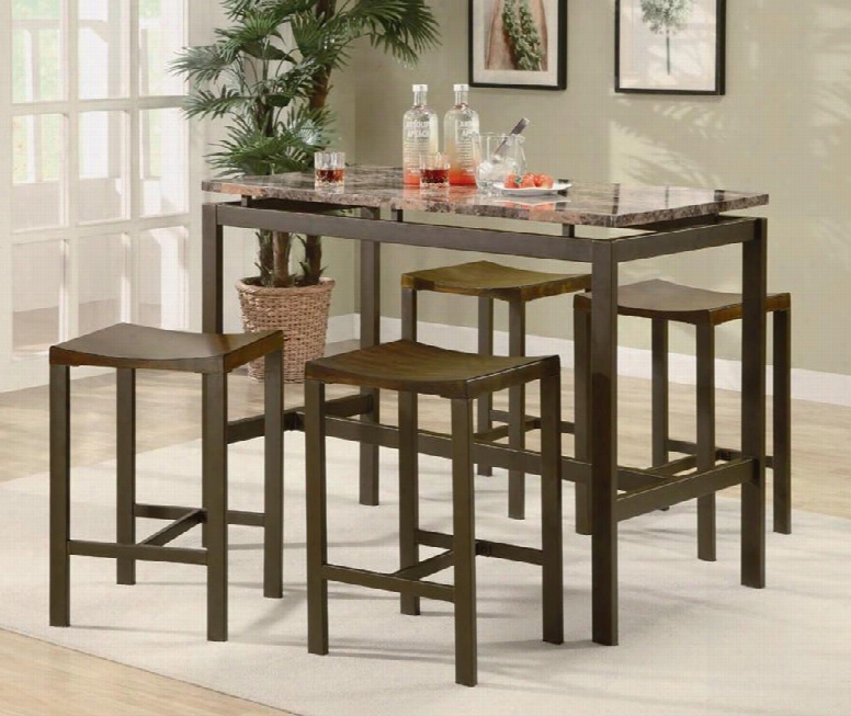 Atlus 150096 5pc Counter Height Table Set With 4 Backless Stools Marble Look Top And Metal Construction In Brown