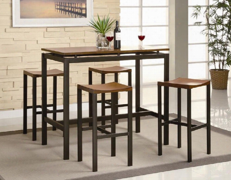 Atlus 150097 48" Bar Height Set With 4b Ackless Stools Birch Veneer Warm Oak Top And Metal Frame In Matte Black