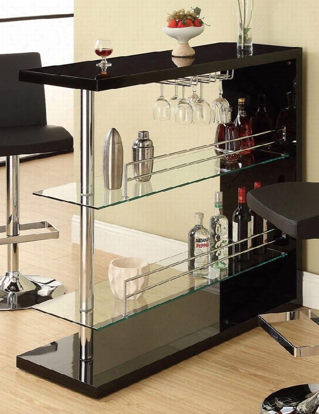 Bar Units And Bra Tables 100165 47.25" Rectangular Bar Unit With 2 Tempered Glass Shelvee Wine Glass Holder Stemware Rack And Chrome Accents In Glossy Black