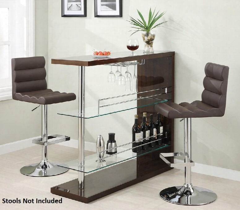 Bar Units And Bar Tables 100166 47.25" Rectangular Bar Unit With 2 Tempered Glass Shelves Wine Glass Holder Stemware Rack And Chrome Accents In Glossy