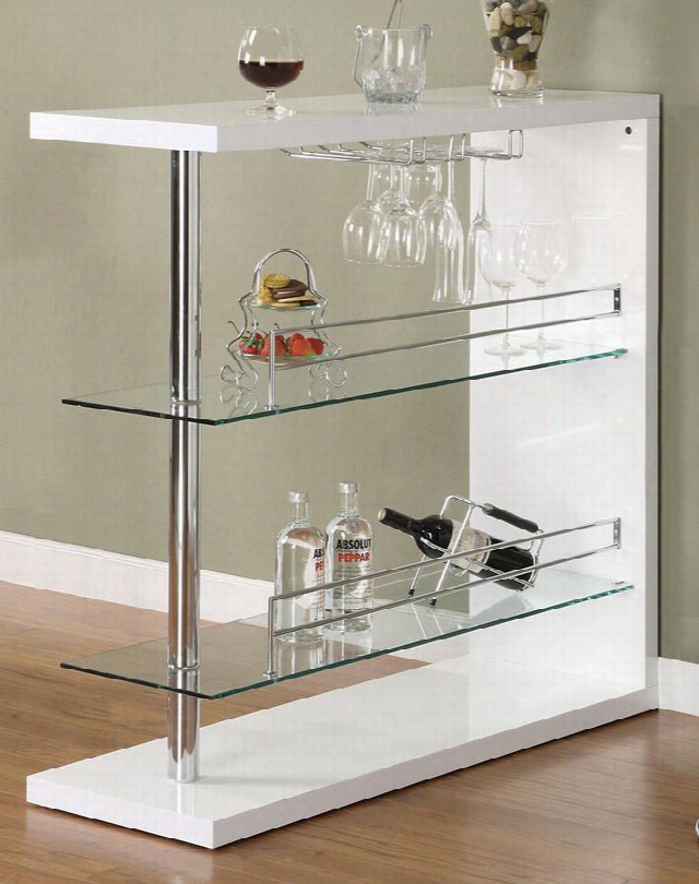 Bar Units And Bar Tables 100167 47.25" Rectangular Bar Unit With 2 Tempered Glass Shelves Wine Glass Holder Stemware Rack And Chrome Accents In White