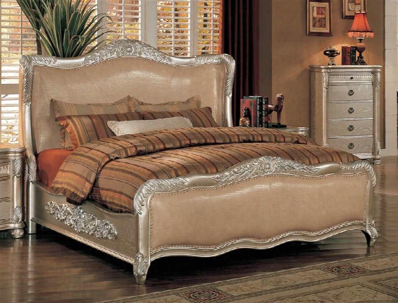 Be7001k Bellevue King Wood Bed With Leather In Antuque Silver
