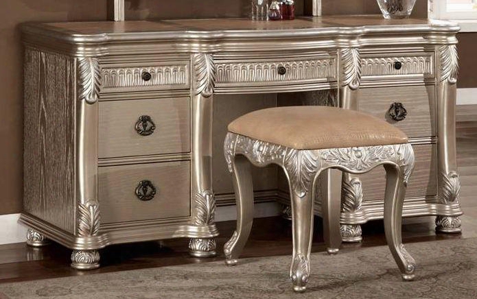 Be7009va Bellevue 7 Drawer Vanity With Leather Top In Antique Silver