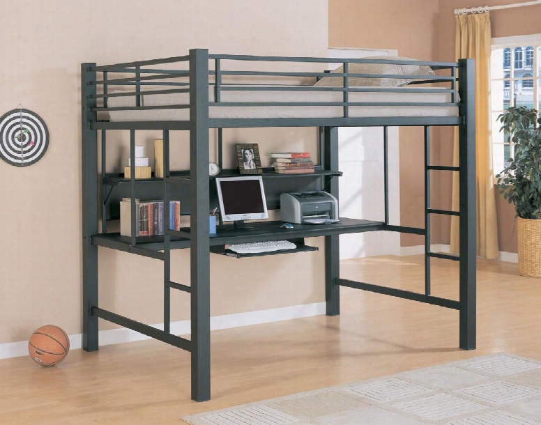 Bunks Collection 460023 Workstation Full Size Loft Bed With Large Desk Keyboard Tray And Shelf In