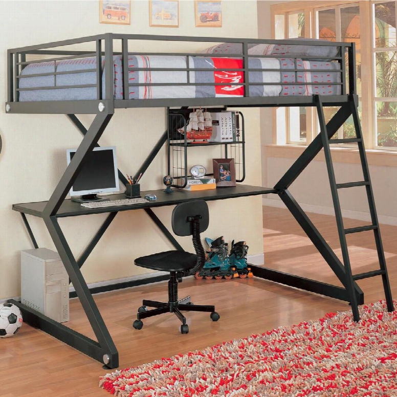 Bunks Collection 460092 Full Workstation Twin Size Loft Bed With Full Length Guard Rail Sigma Design Desk Storage Shelf And Metal Construction In Black