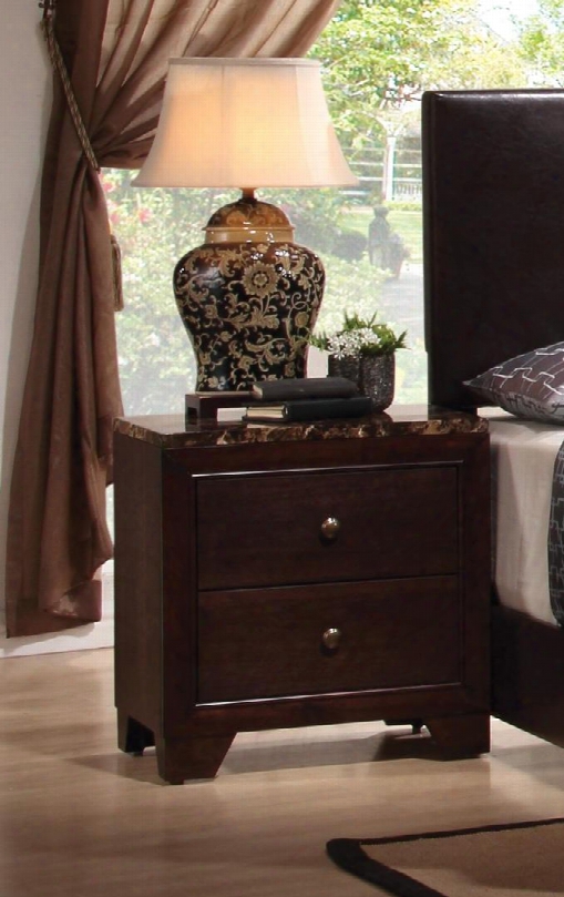 Conner 200422 22" Nightstand With 2 Drawers Faux Marble Top Brushed Nickel Finish Knobs And Bracket Feet In Cappuccino
