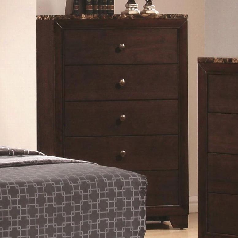 Conner 200425 30.5" Chest With 5 Drawers Faux Marble Top Brushed Nickel Finish Knobs And Bracket Feet In Cappuccino