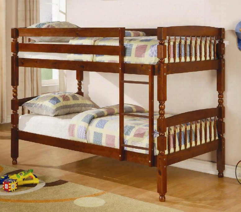 Coral Collection  460223 Twin Over Twin Bunk Bed With Built-in Ladder Safety Guard Rails And Solid Pine Wood Construction In Medium Brown