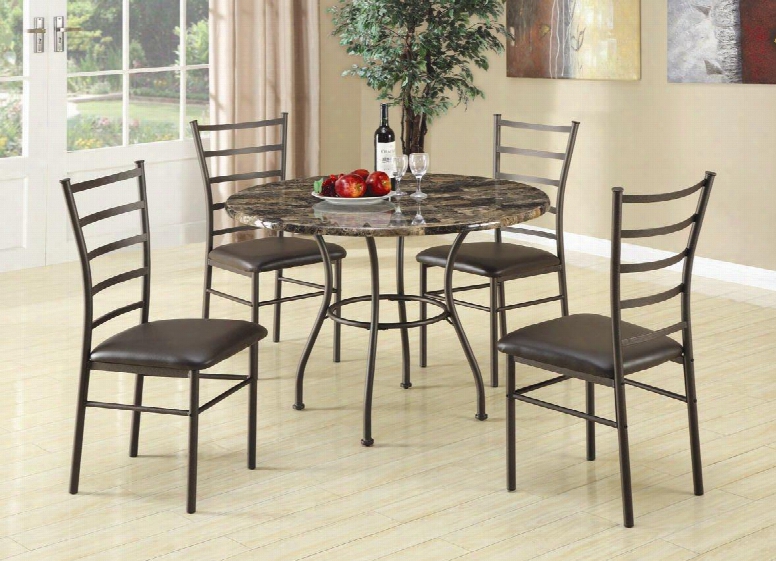 Dinettes 150112 5 Piece Dining Set Including Round Table And 4 Side Chairs With Faux Marble Top Faux Leather Seats And Stretchers In