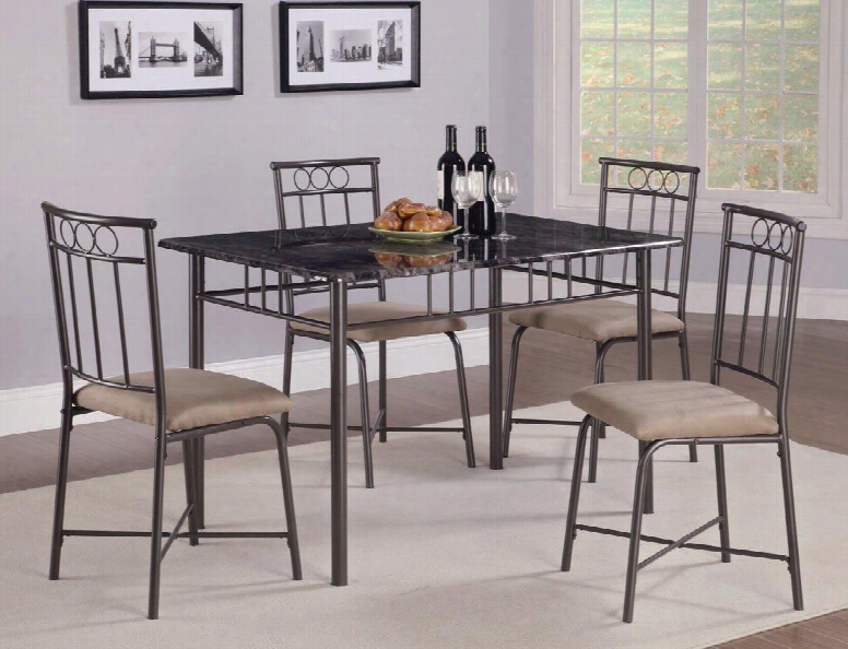 Dinettes 150114 5 Piece Dining Set With Leg Faux Marble Table And 4 Leatherette Side Chairs With Stretchers In