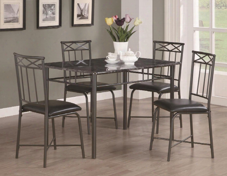 Dinettes 510115 Marble Top Black Metal 5 Piece Dining Set Including Faux Marble Table And 4 Leatherette Chairs With Stretchers In