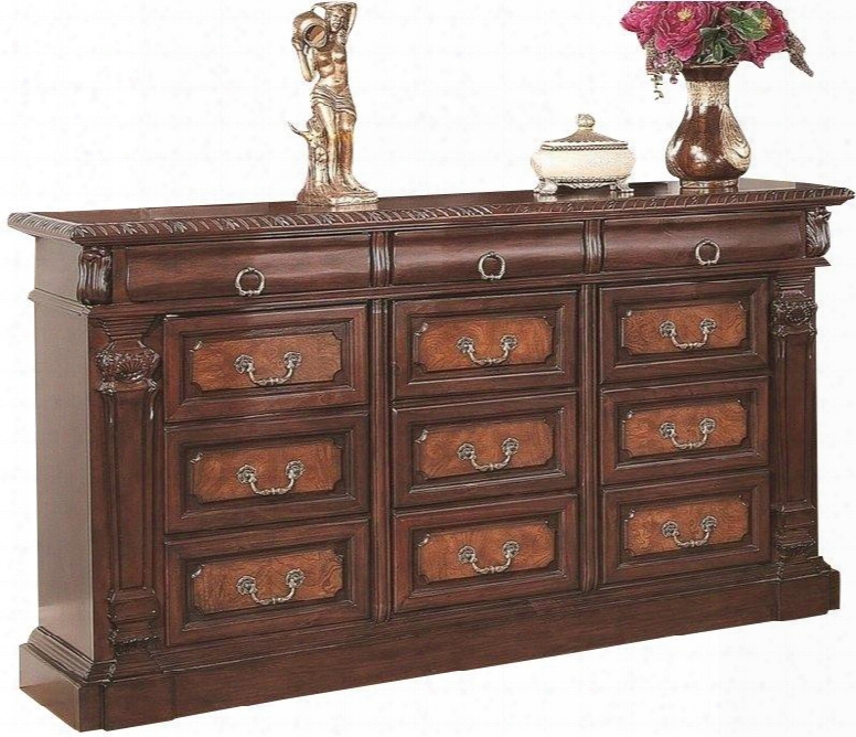 Grand Prado 202203 64" Dresser With 12 Drawers Decorative Handles Pine Solids And Cherry Veneers Material In Cappuccino