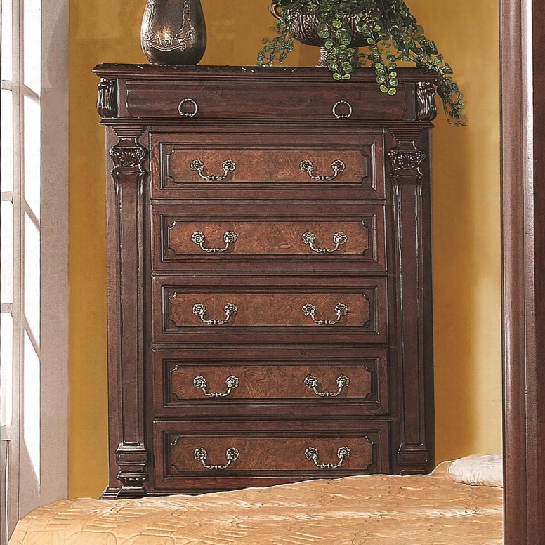 Grand Prado 202205 39.5" Tall Chest With 5 Drawers Felt-lined Top Drawer Decorative Handles Pine Solids And Cherry Veneers Physical In Cappuccino