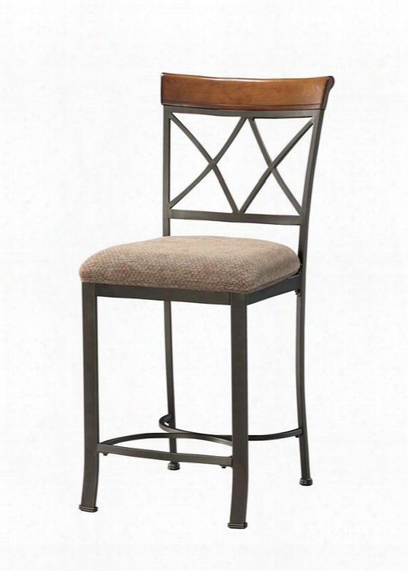 Hamilton Collection 697-430 24" Counter Height Stool With Brushed Faux Medium Cherry Wood Diamond Pattern Fabric Seat And Metal Frame In Matte Pewter And