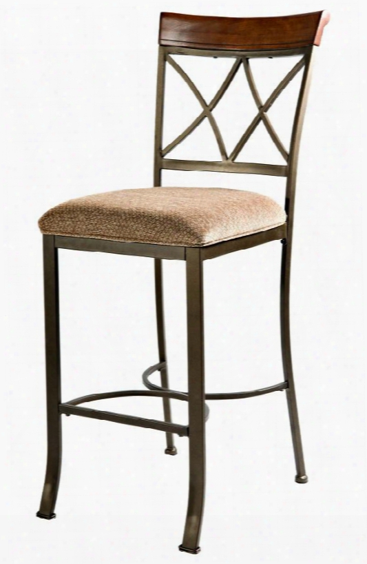 Hamilton Collection 697-432 29" Barstool With Brushed Faux Medium Cherry Wold Diamond Pattern Fabric Seat And Metal Frame In Matte Pewter And Bronze