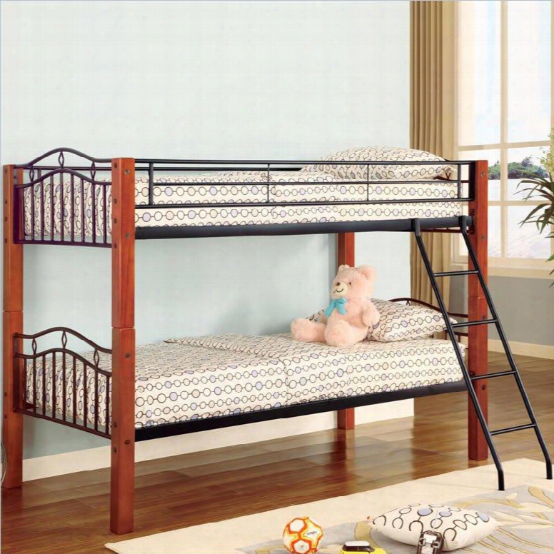 Haskell Collection 2248 Twin Over Twin Bunk Bed With Metal Side Guard Rails Gentle Arch Diamond Motif Attached Ladder And Asian Hardwood Posts In Cinnamon